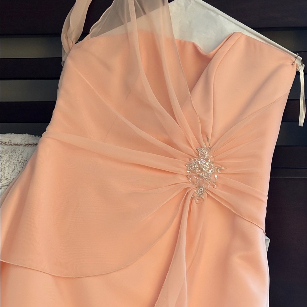 Elegant Peach Evening Gown with one shoulder tie!!